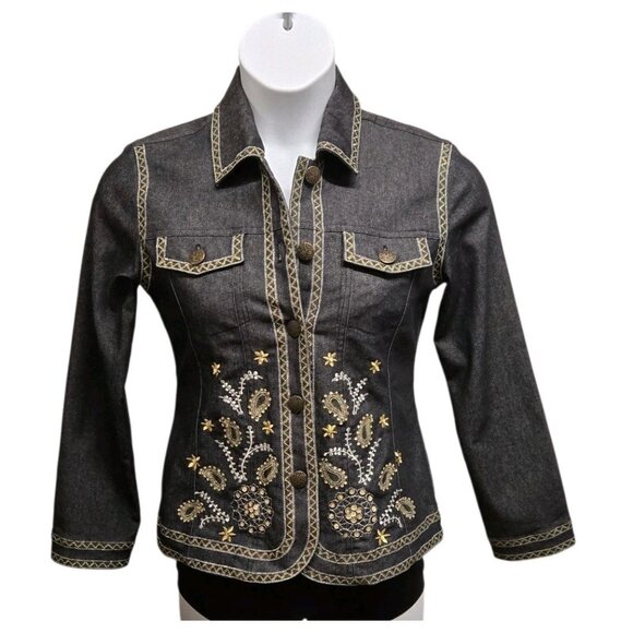 Analogy Denim Jacket Womens Small Dark Denim Embroidered Metallic Embellished - Picture 1 of 9